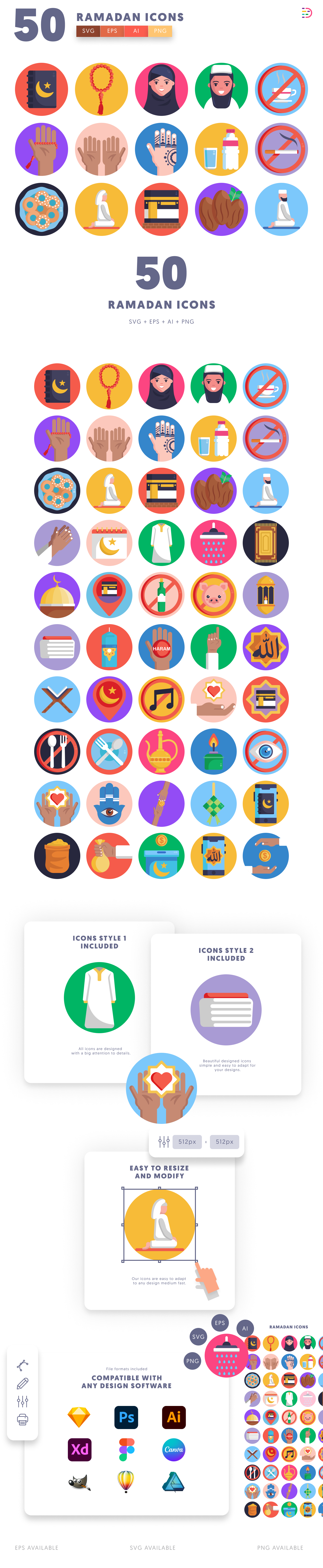 50 Ramadan Icons cover – illustrated icons in PNG, SVG and EPS