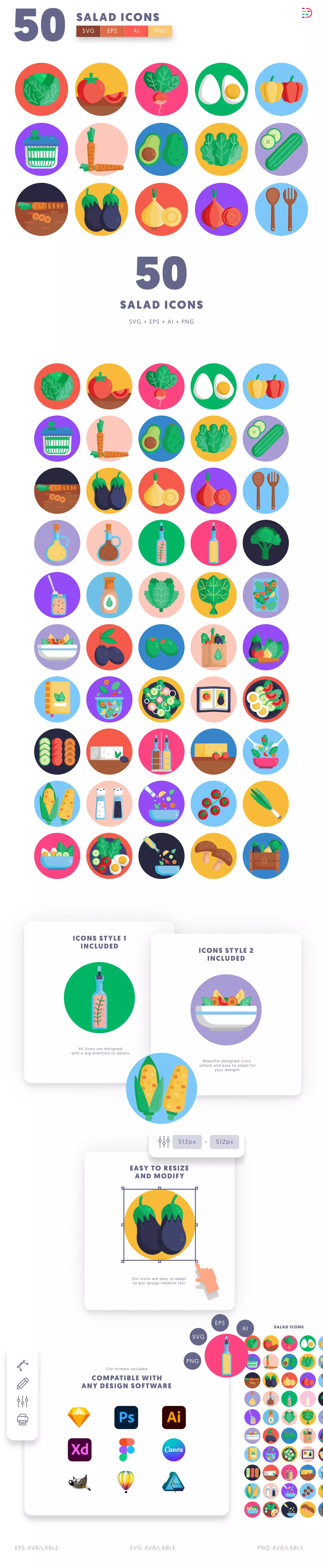 50 Salad Icons cover – illustrated icons in PNG, SVG and EPS