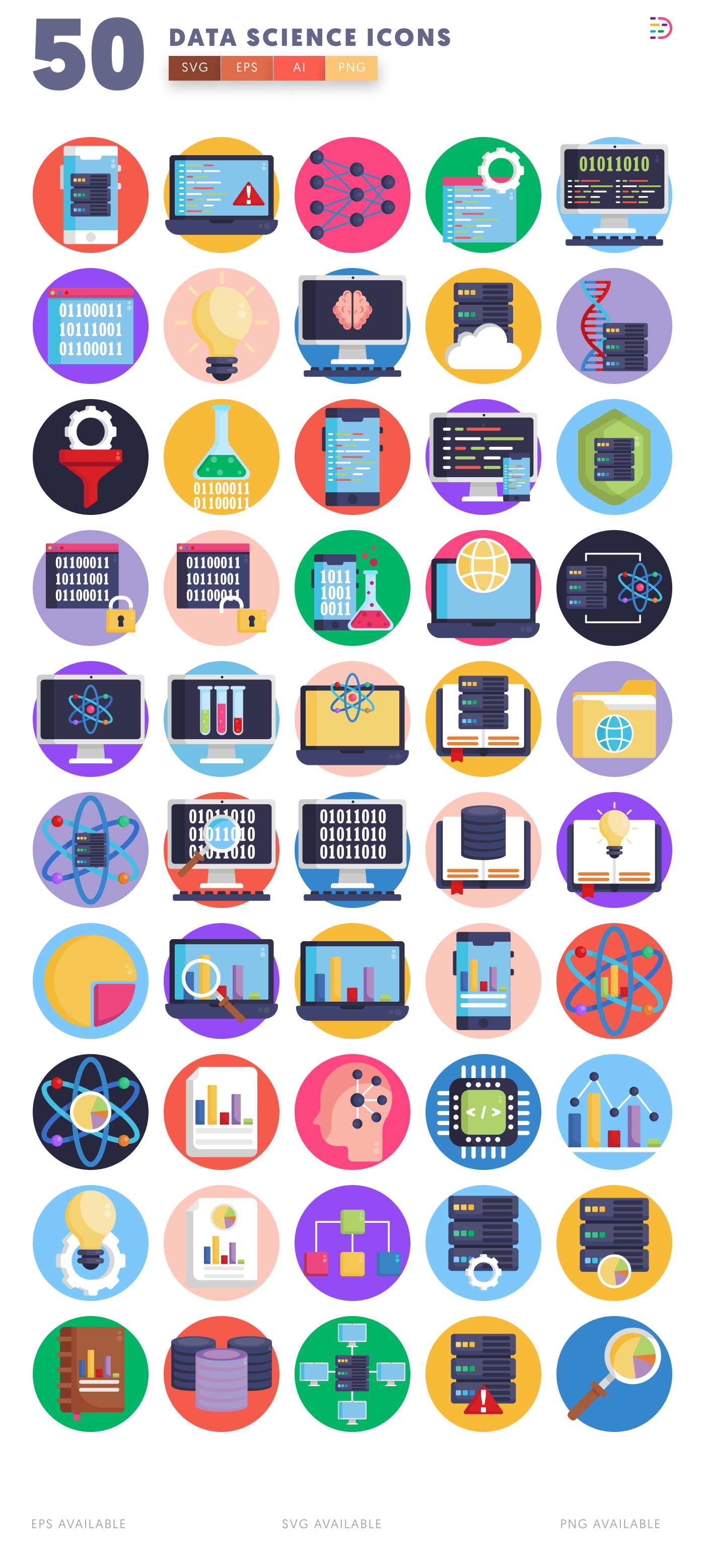 50 Data Science Icons – set of colorful illustrated icons