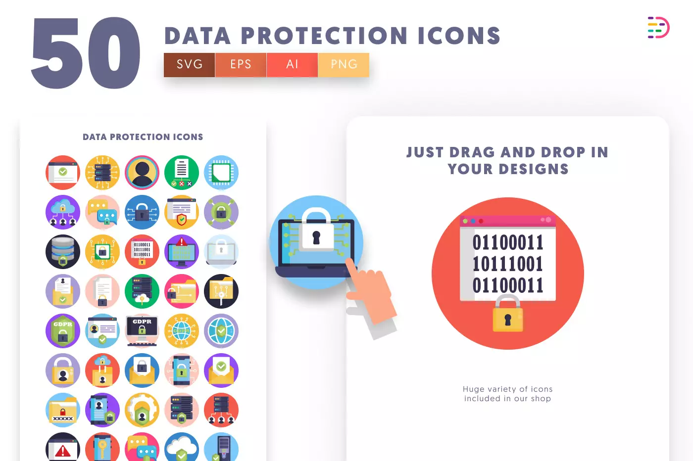50 Data Protection Icons preview 1 – illustrated icons in PNG, SVG and EPS