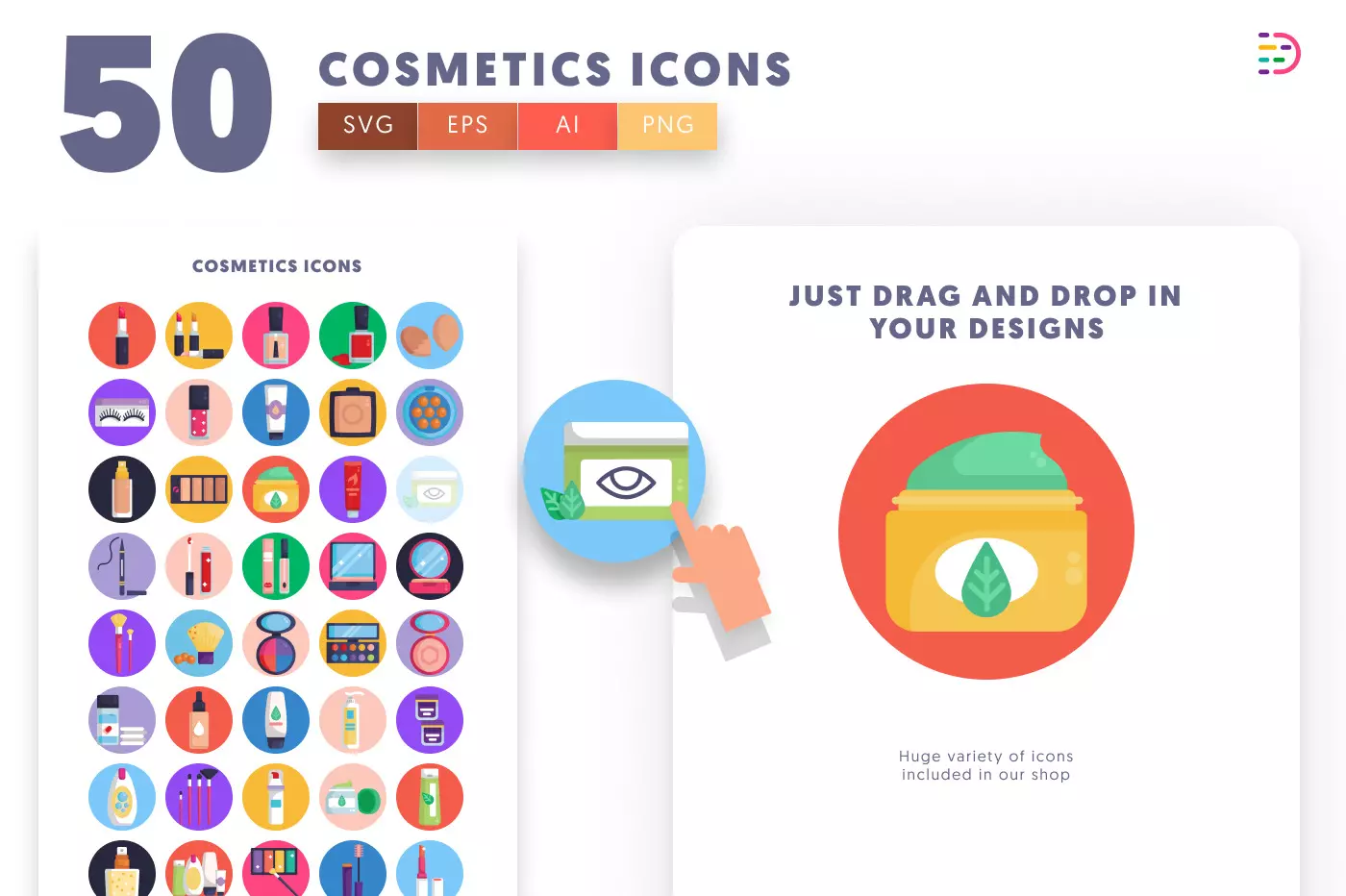 50 Cosmetics Icons preview 1 – flat circle icons in PNG, SVG and EPS