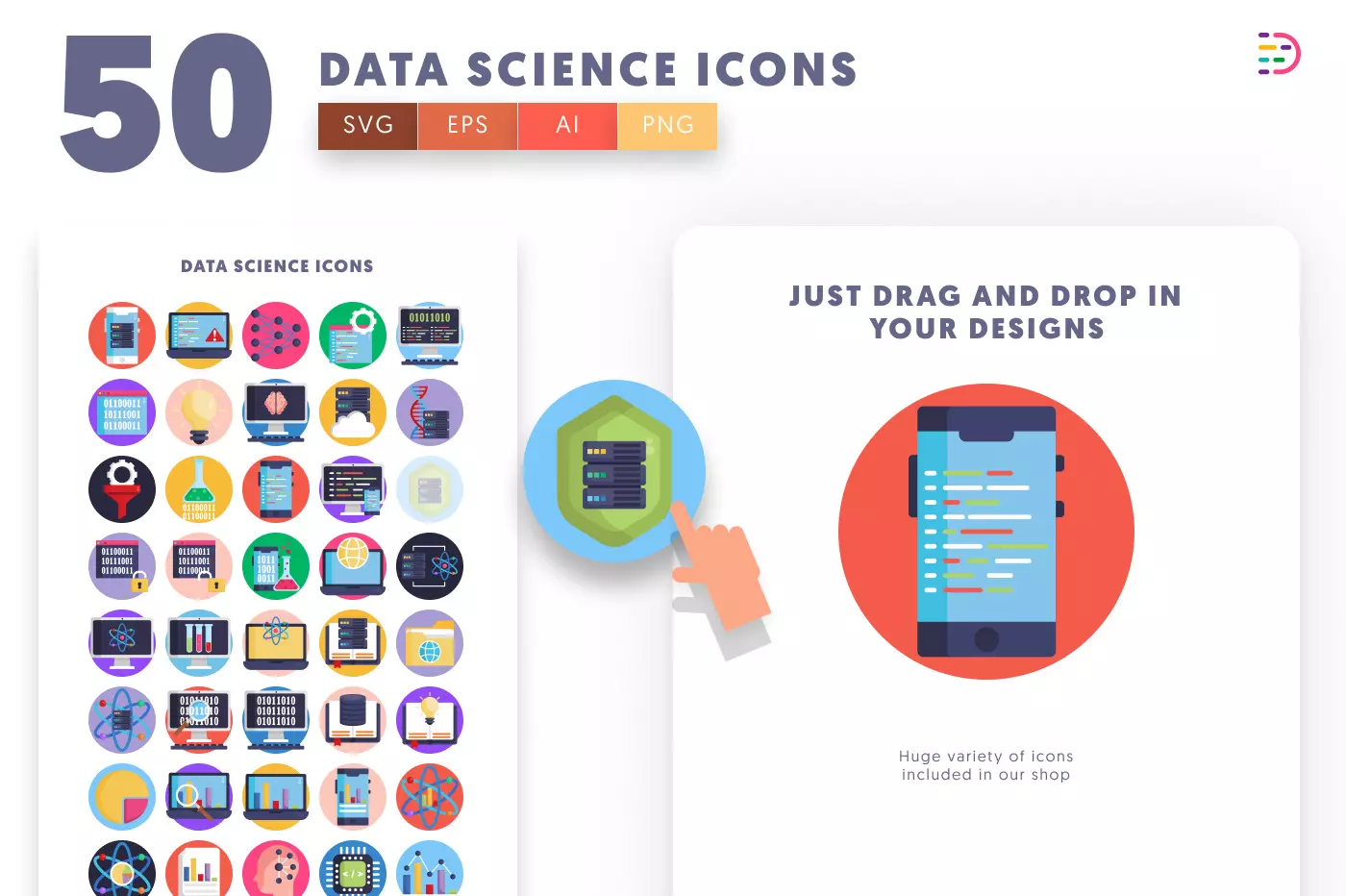 50 Data Science Icons – set of colorful illustrated icons