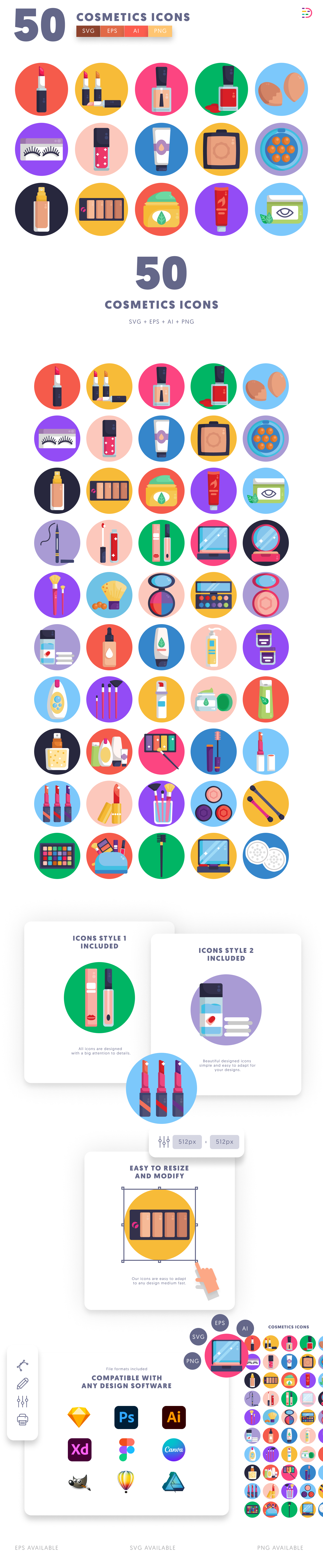 50 Cosmetics Icons preview 1 – flat circle icons in PNG, SVG and EPS