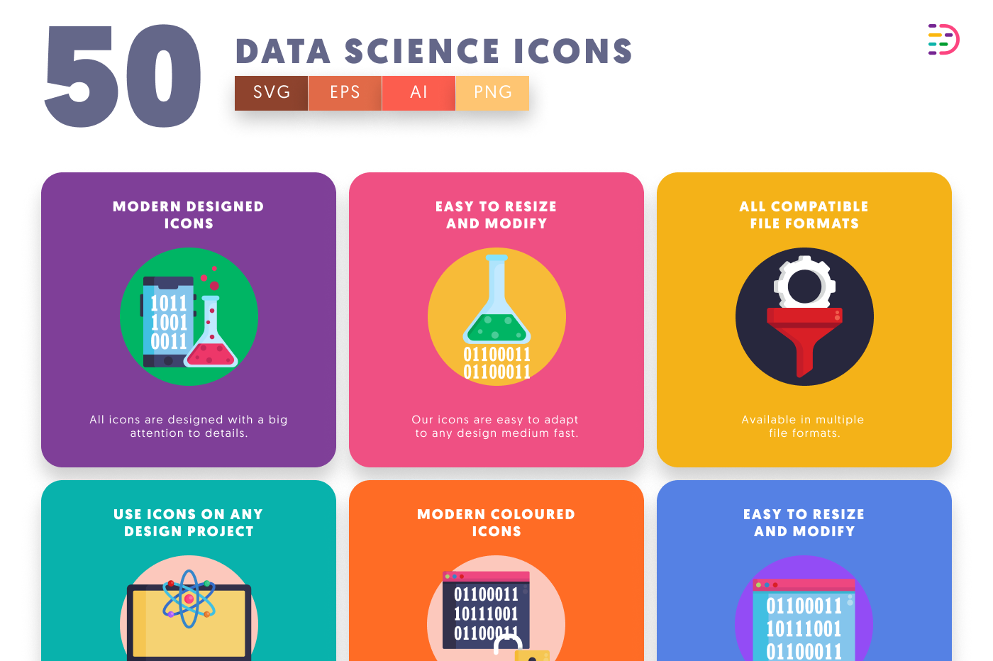50 Data Science Icons – set of colorful illustrated icons