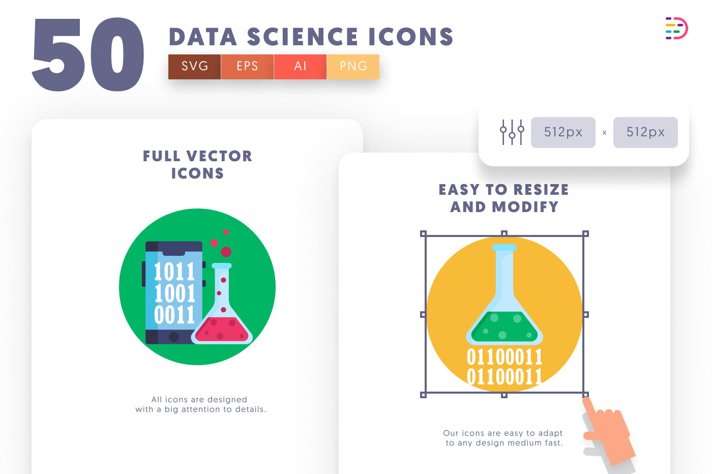 50 Data Science Icons – set of colorful illustrated icons
