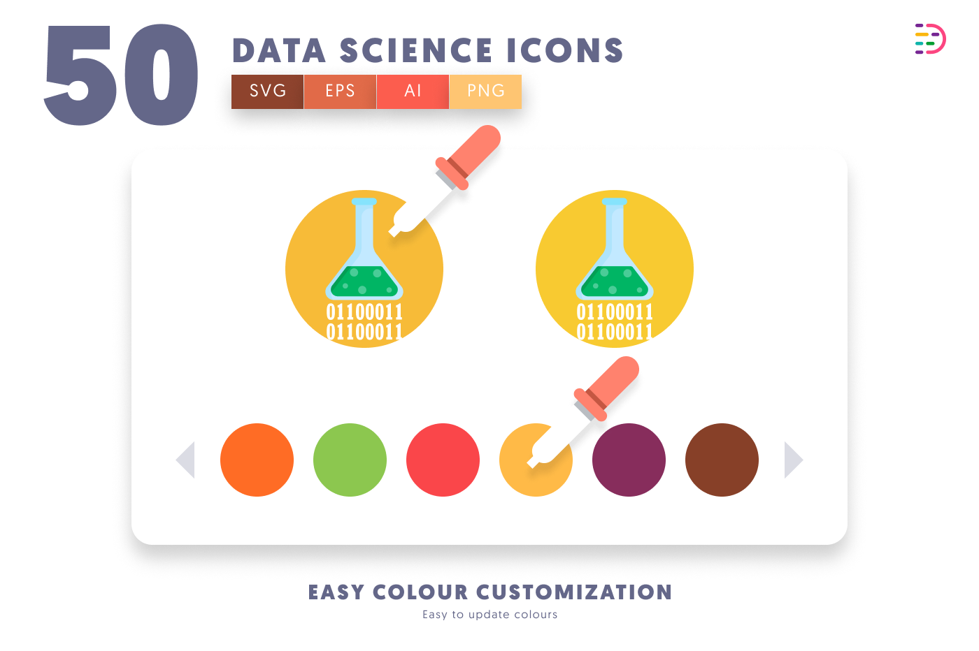 50 Data Science Icons – set of colorful illustrated icons