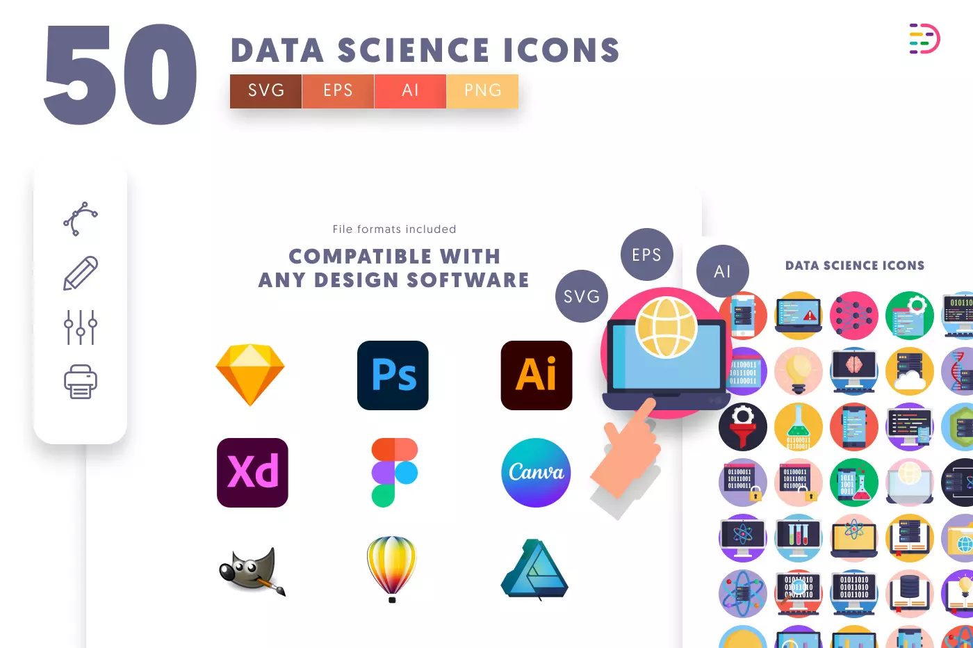 50 Data Science Icons – set of colorful illustrated icons