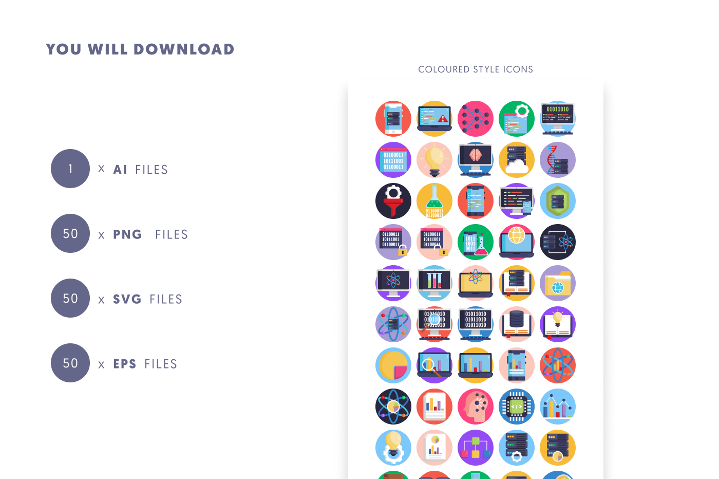 50 Data Science Icons – set of colorful illustrated icons