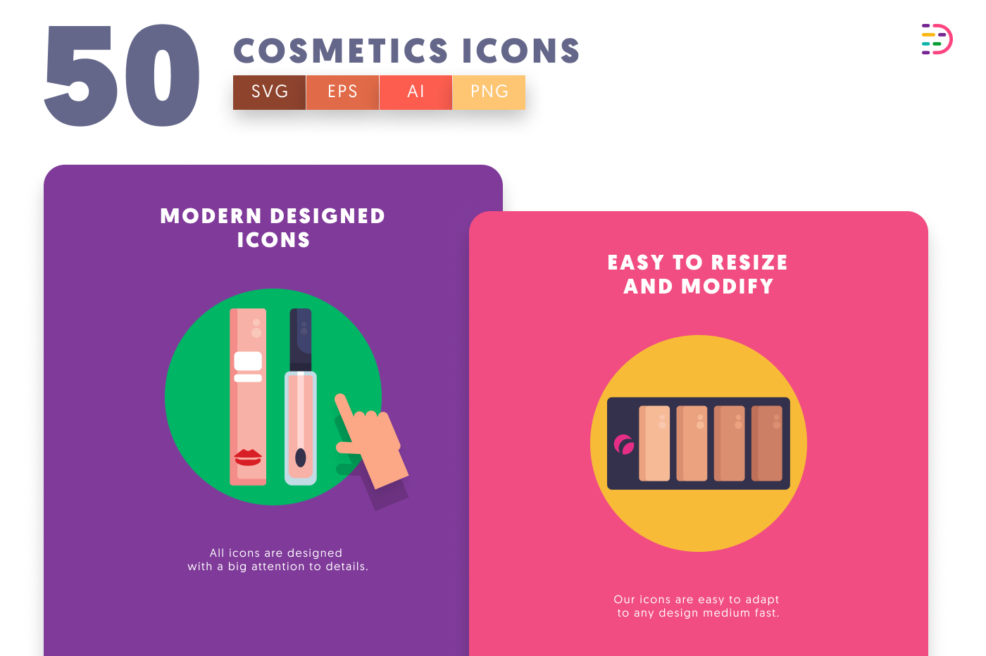 50 Cosmetics Icons cover – flat circle icons in PNG, SVG and EPS