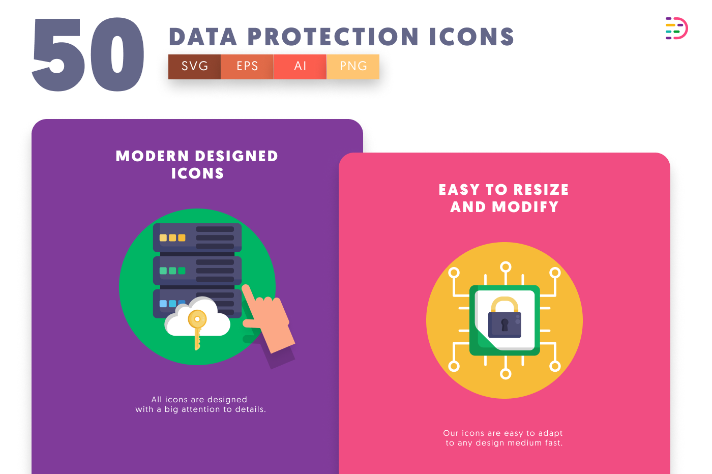 50 Data Protection Icons cover – illustrated icons in PNG, SVG and EPS