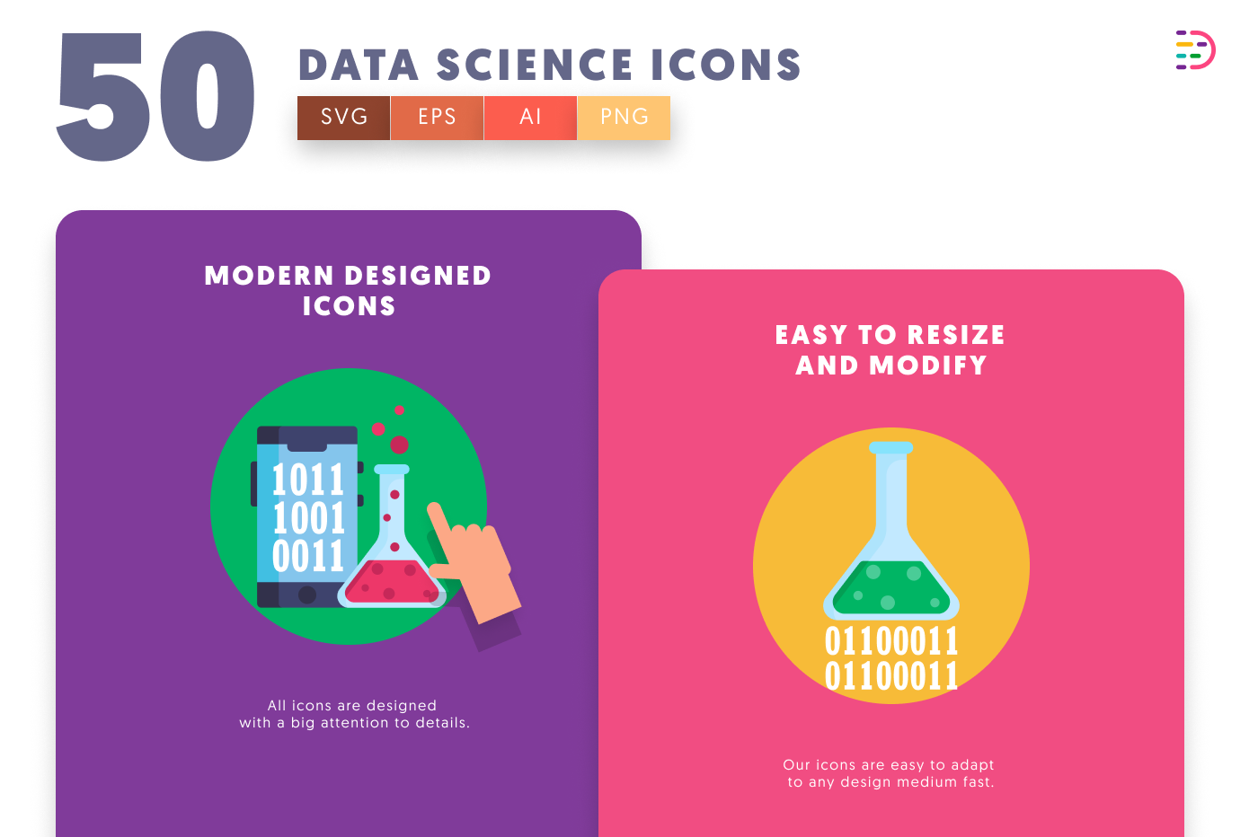 50 Data Science Icons – set of colorful illustrated icons