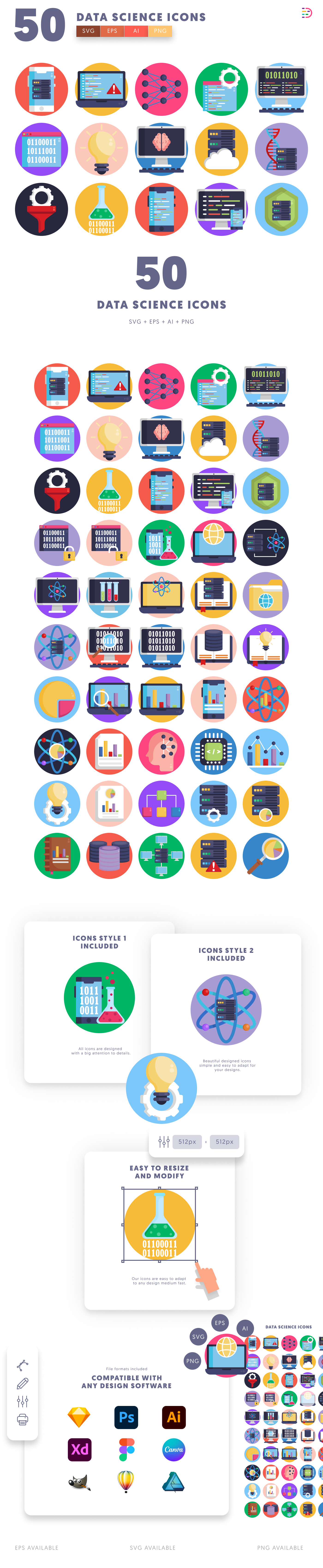 50 Data Science Icons – set of colorful illustrated icons