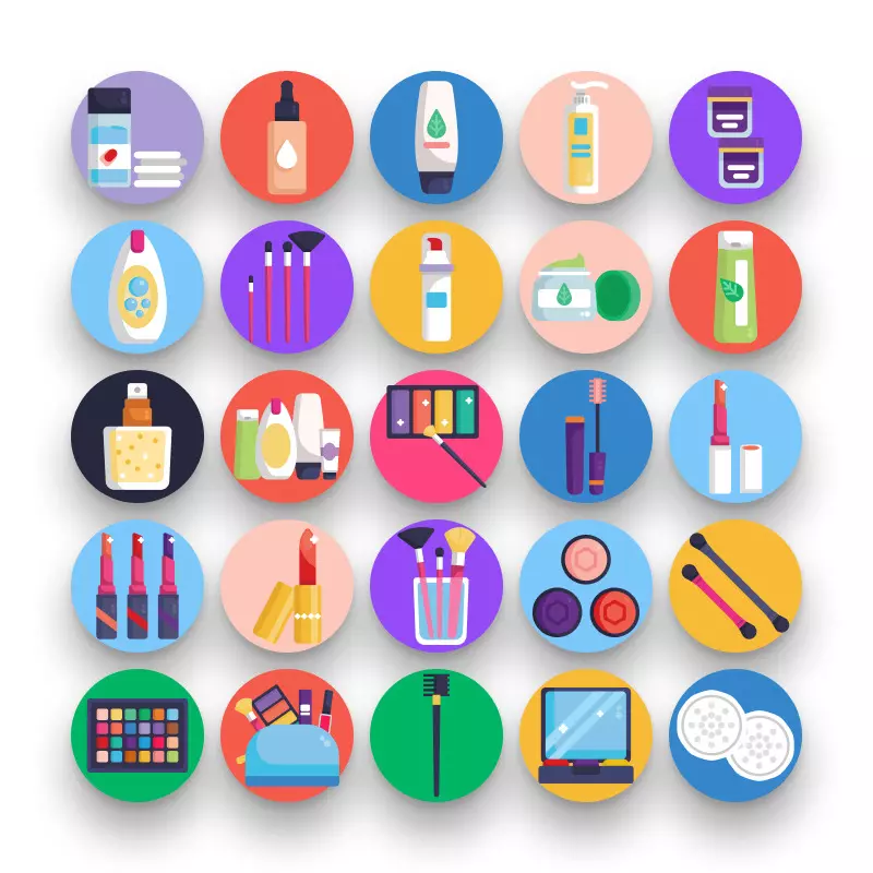 50 Cosmetics Icons – set of colorful flat circle icons