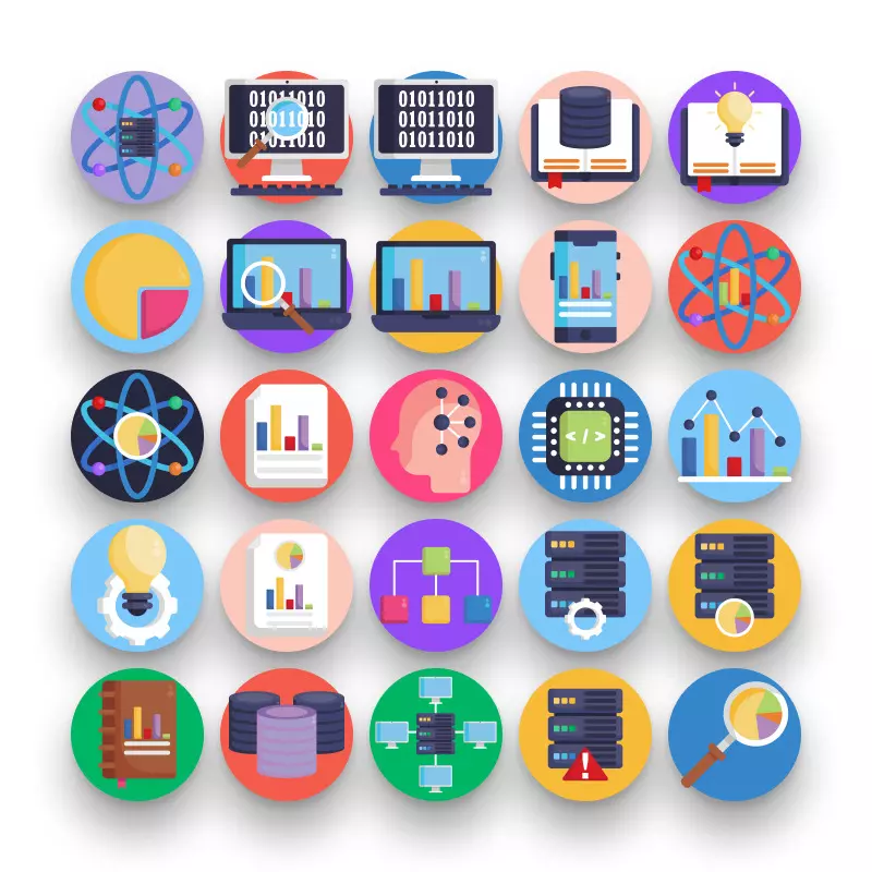 50 Data Science Icons – set of colorful illustrated icons