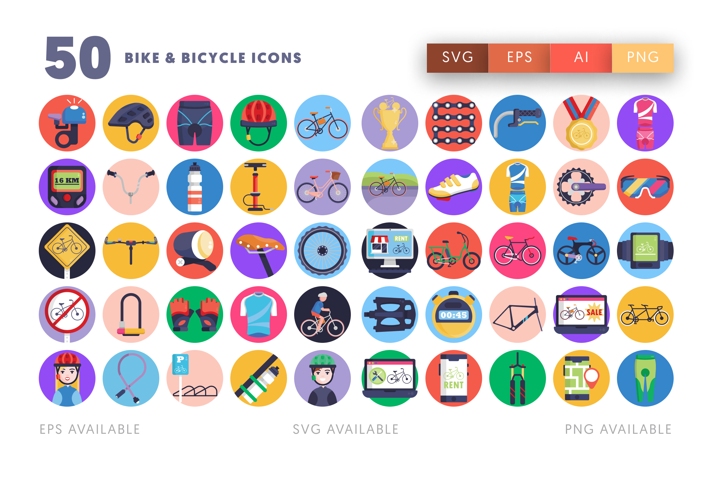 50 Bike and Bicycles Icons – flat circle icon set