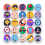 50 Bike and Bicycles Icons – set of colorful flat circle icons