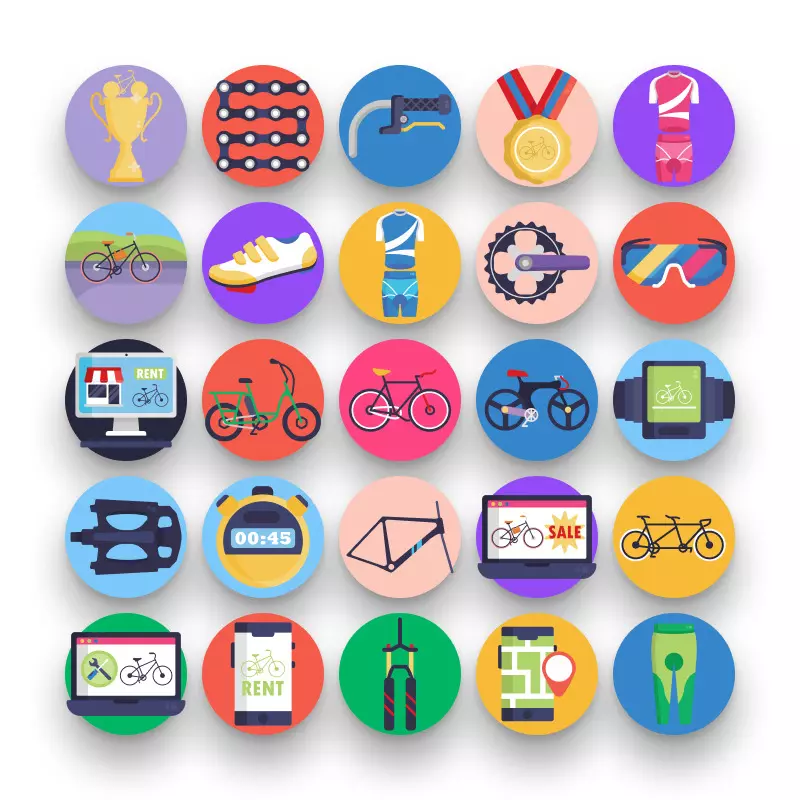 50 Bike and Bicycles Icons – set of colorful flat circle icons