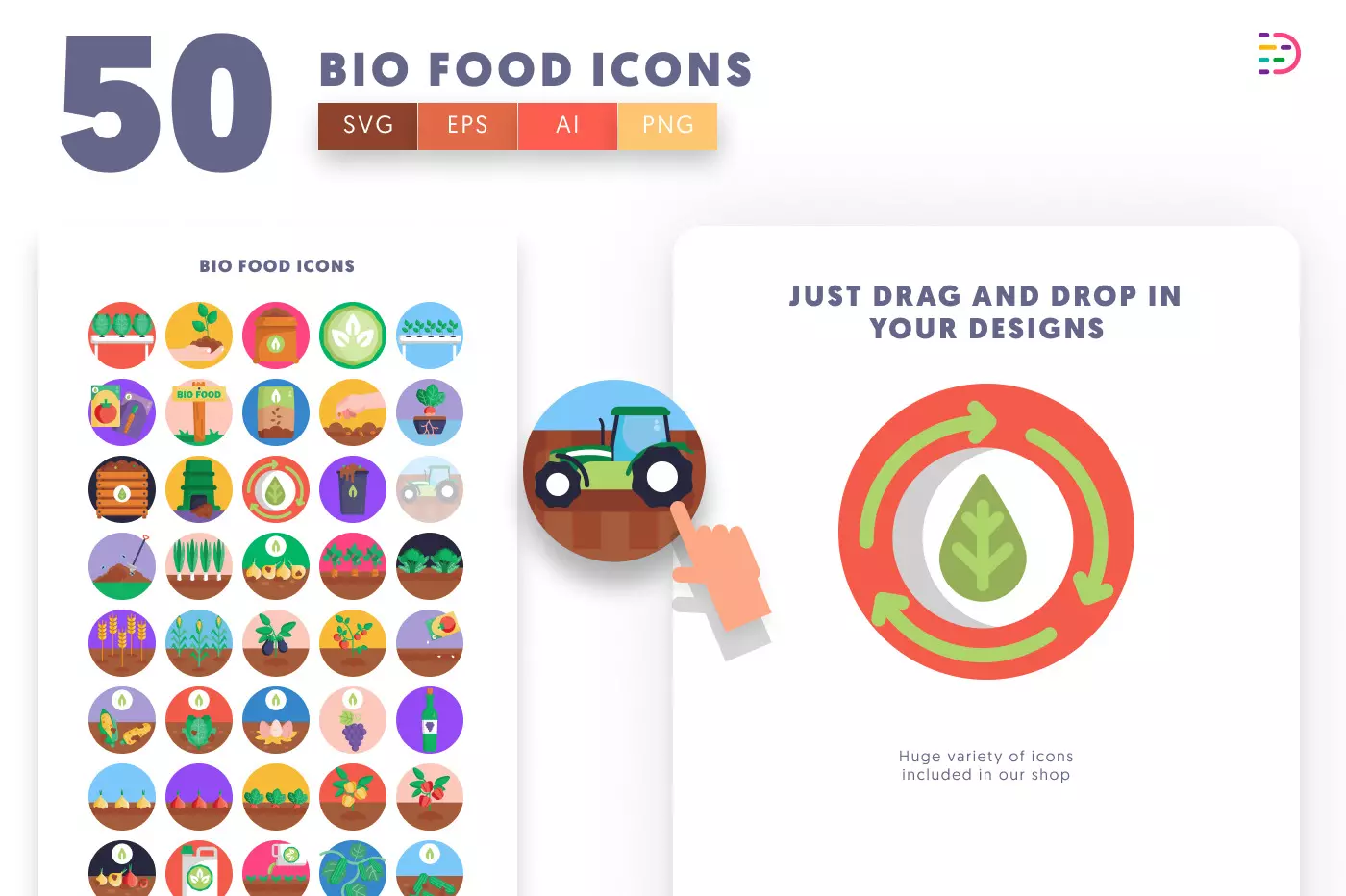 50 Bio Food and Agriculture Icons preview 1 – flat circle icons in PNG, SVG and EPS
