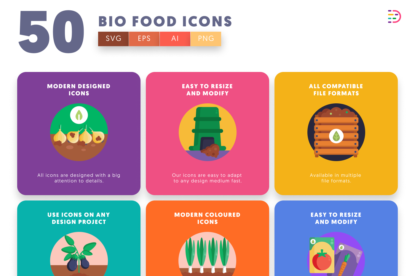 50 Bio Food and Agriculture Icons preview 5 – flat circle icons in PNG, SVG and EPS