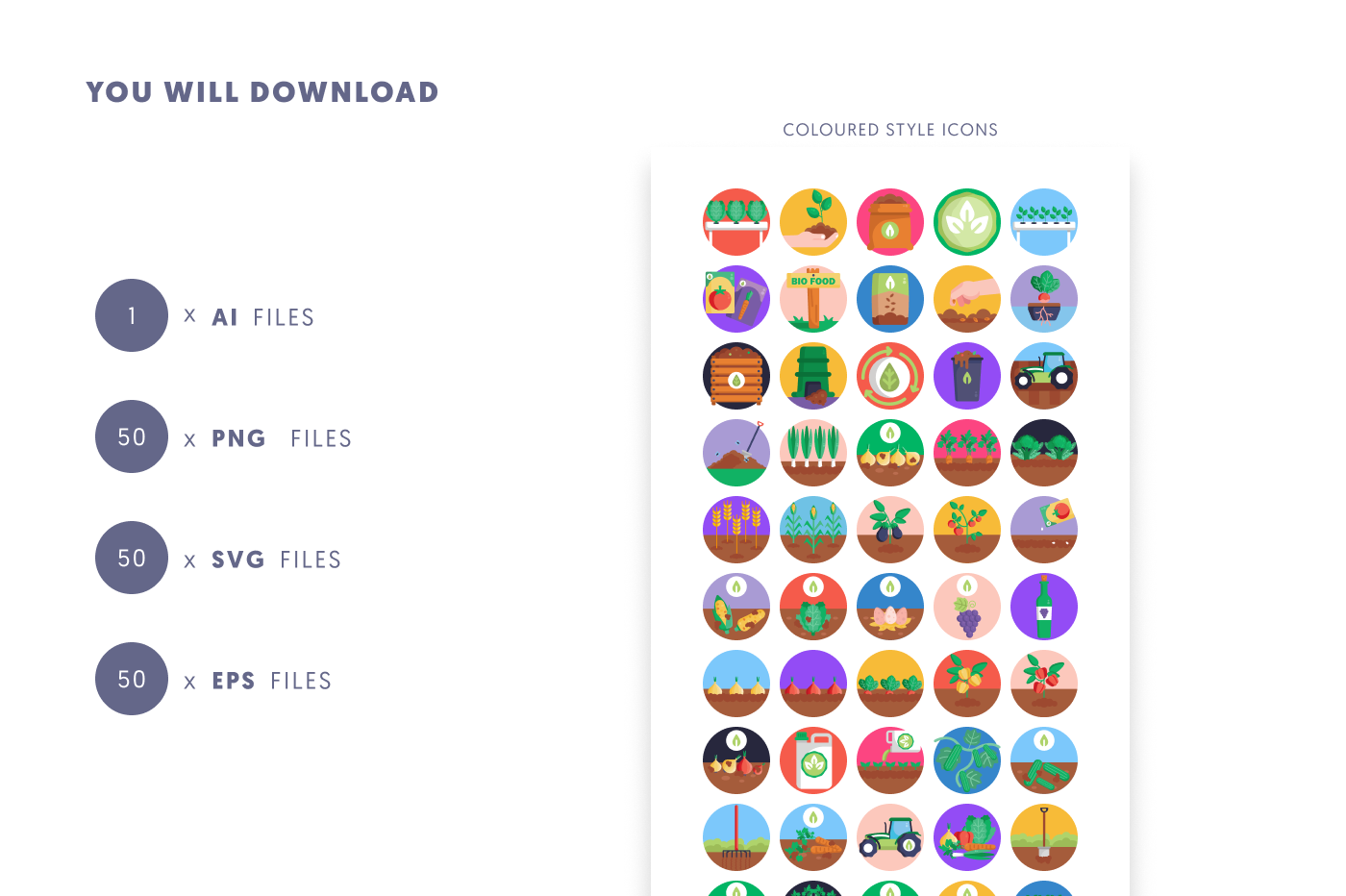 50 Bio Food and Agriculture Icons preview 9 – flat circle icons in PNG, SVG and EPS
