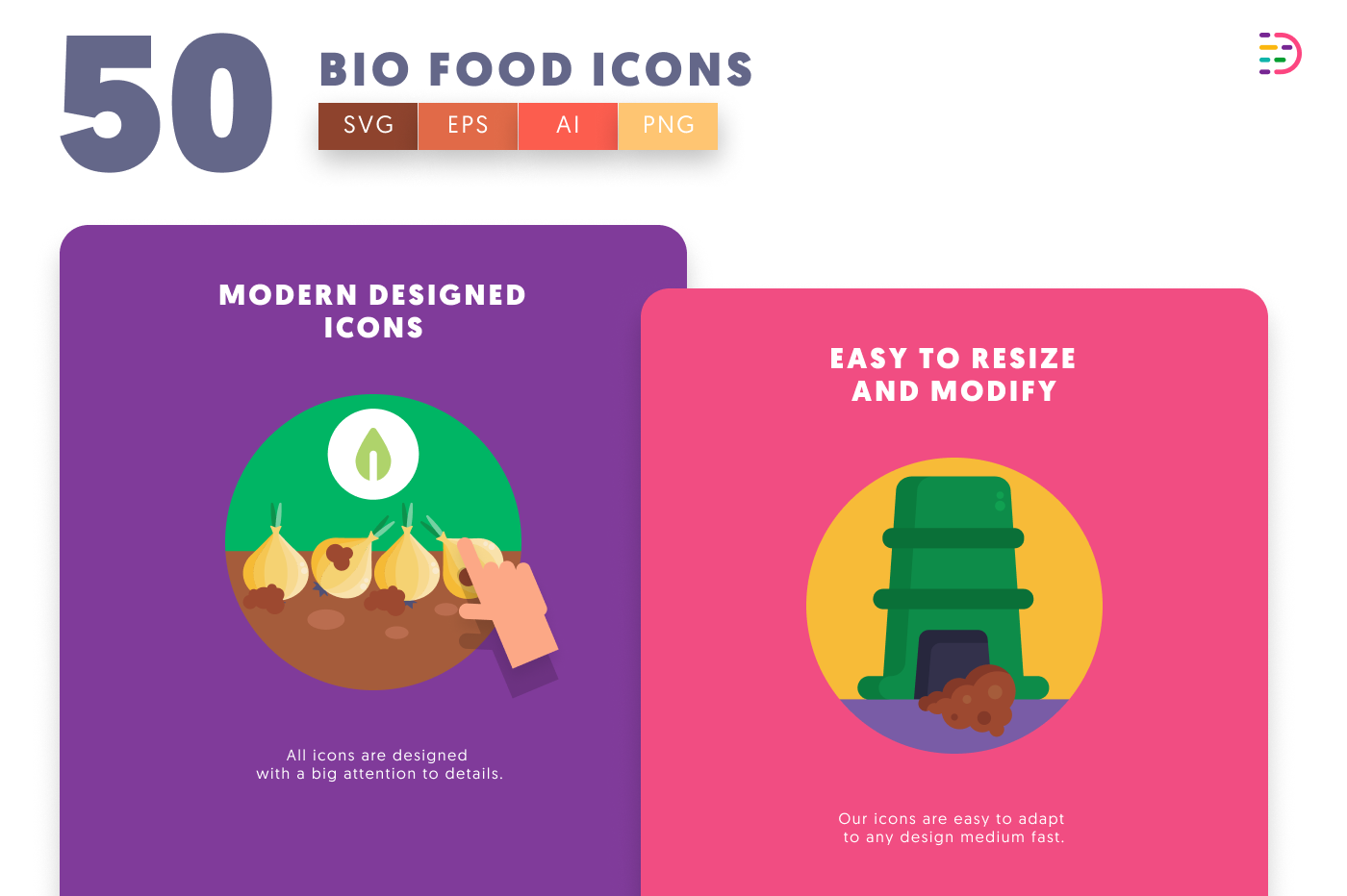 50 Bio Food and Agriculture Icons cover – flat circle icons in PNG, SVG and EPS