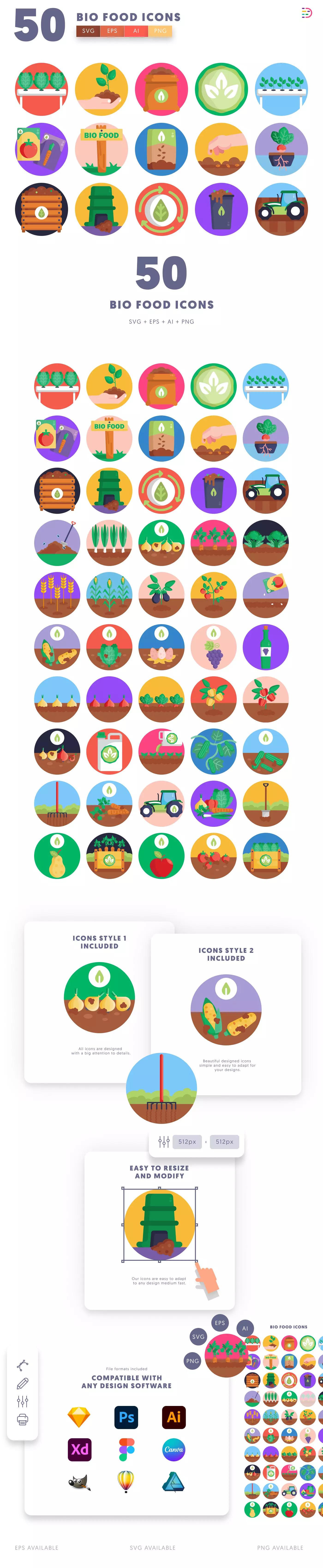 50 Bio Food and Agriculture Icons cover – flat circle icons in PNG, SVG and EPS