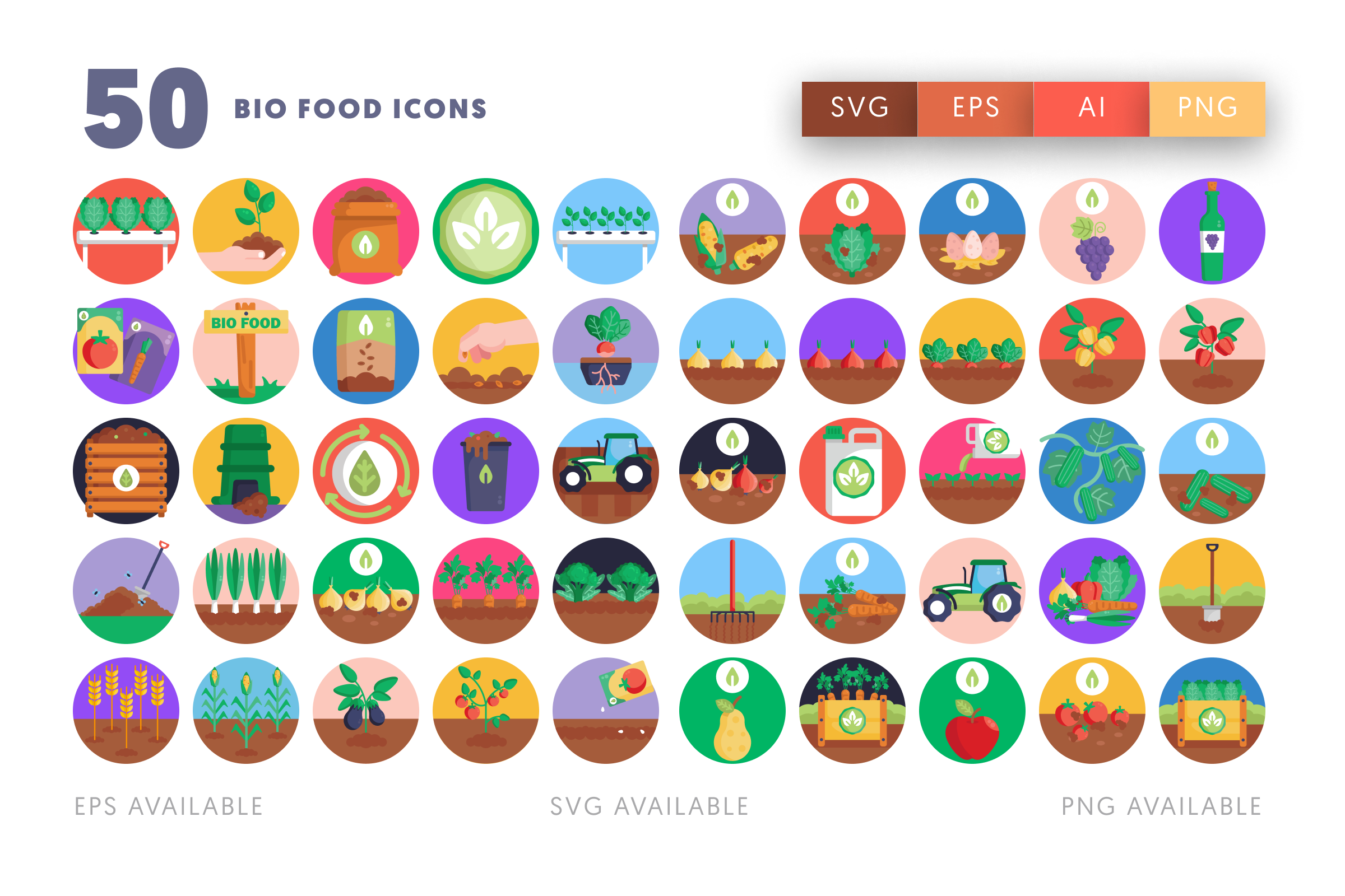 50 Bio Food and Agriculture Icons – flat circle icon set