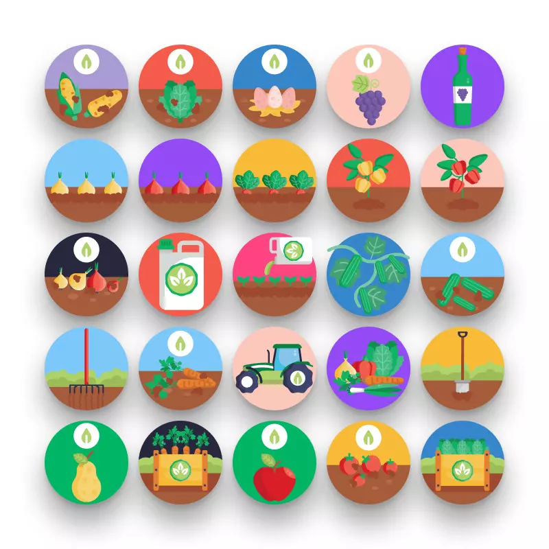 50 Bio Food and Agriculture Icons – set of colorful flat circle icons