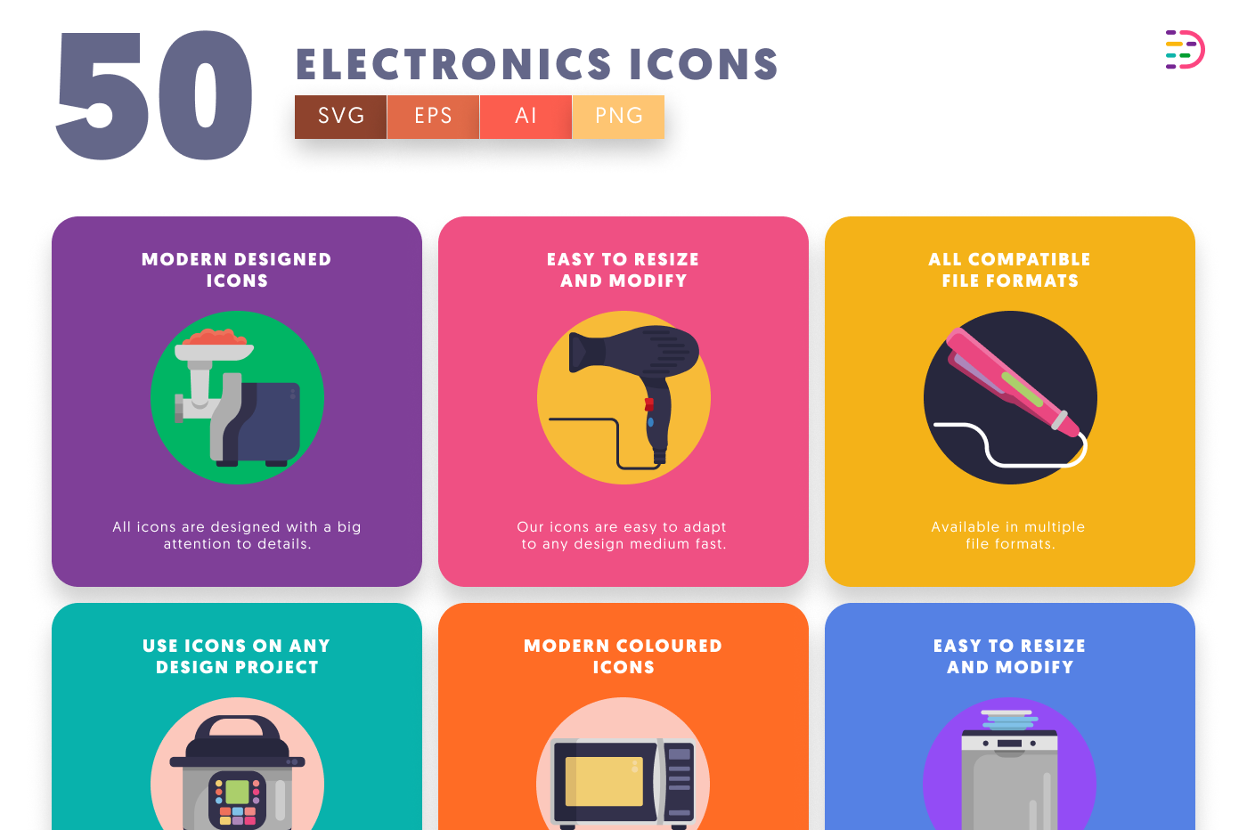 50 Electronics Icons – set of colorful flat circle icons