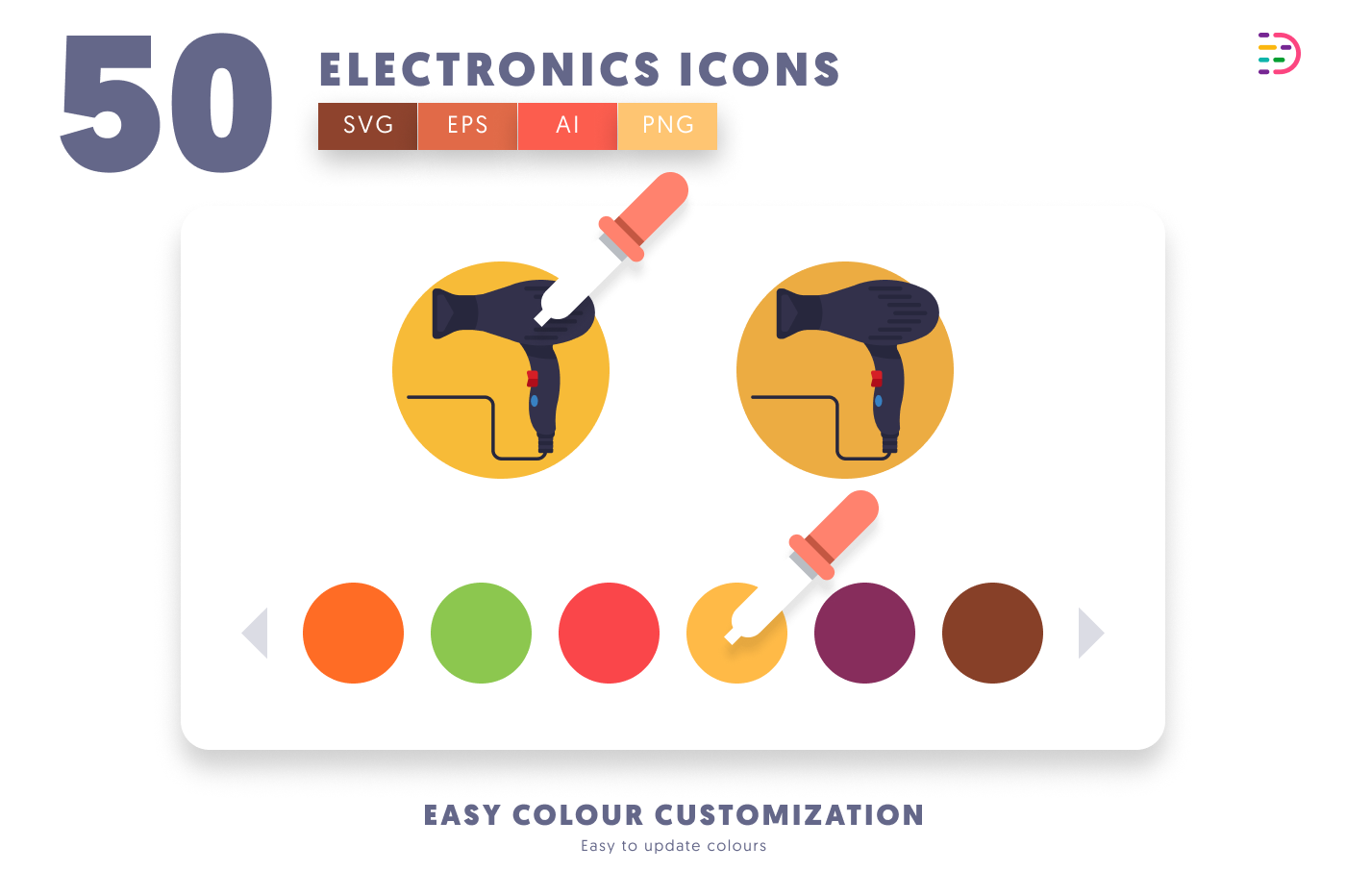 50 Electronics Icons – set of colorful flat circle icons