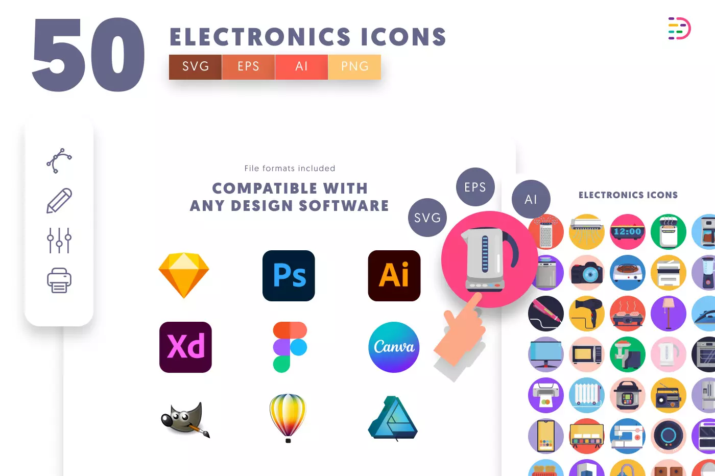 50 Electronics Icons – set of colorful flat circle icons
