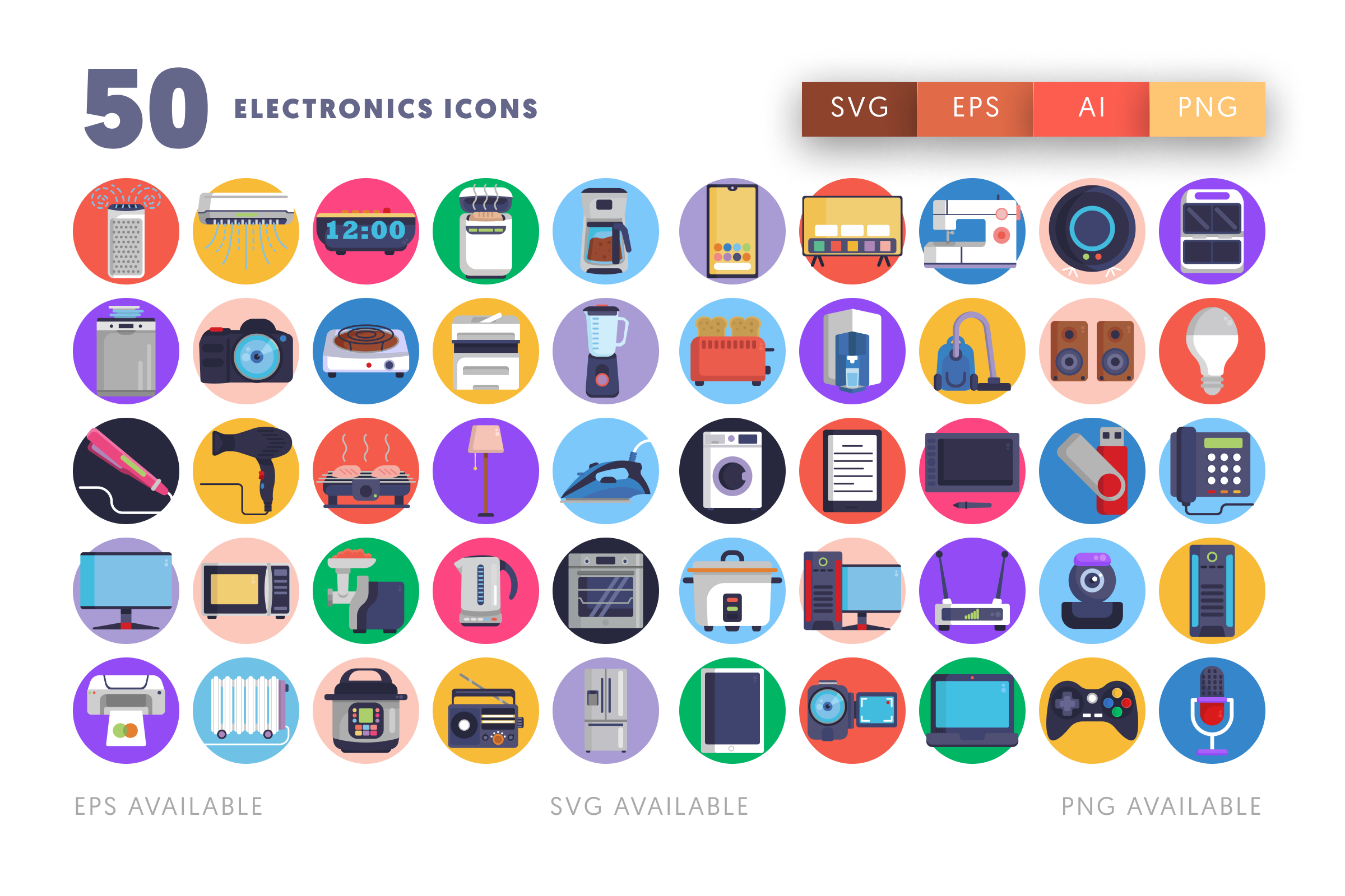 50 Electronics Icons – flat circle icon set