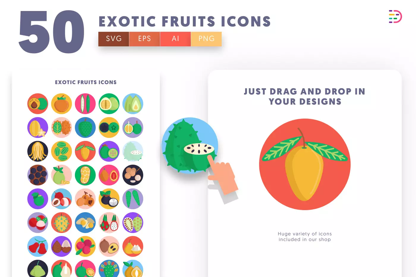50 Exotic Fruits Icons preview 1 – flat circle icons in PNG, SVG and EPS