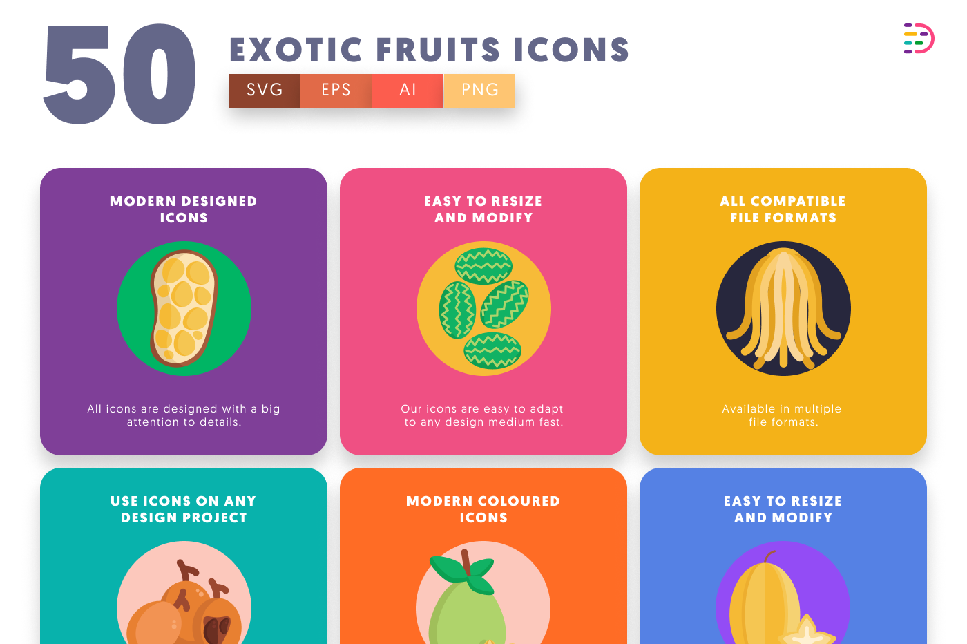 50 Exotic Fruits Icons preview 5 – flat circle icons in PNG, SVG and EPS