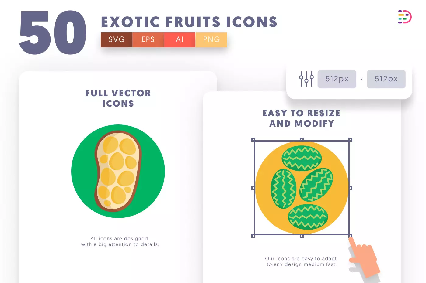 50 Exotic Fruits Icons preview 6 – flat circle icons in PNG, SVG and EPS