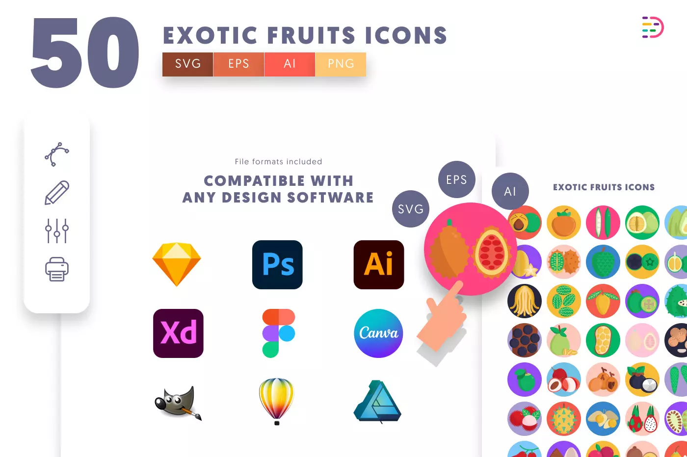 50 Exotic Fruits Icons preview 8 – flat circle icons in PNG, SVG and EPS