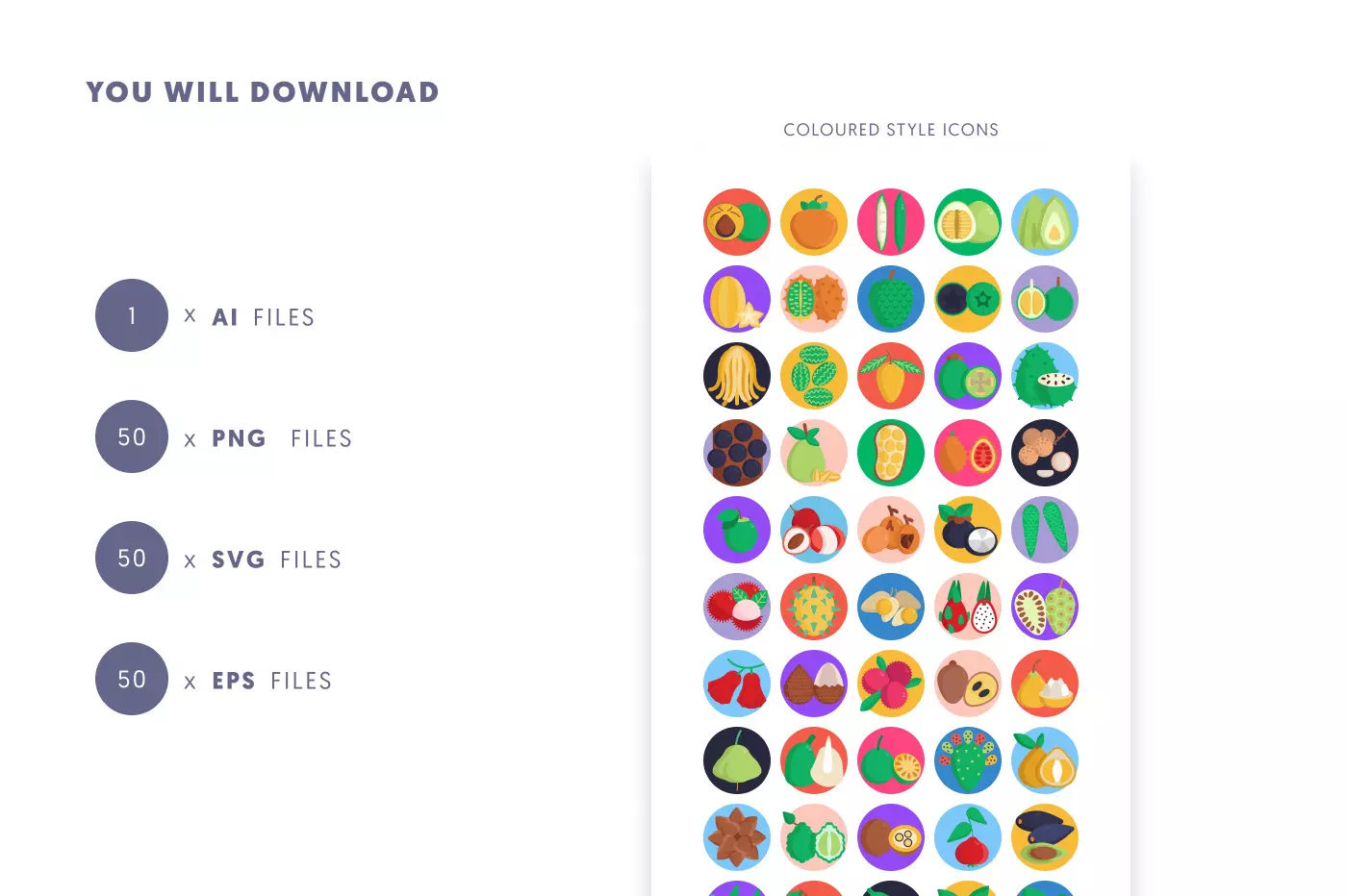 50 Exotic Fruits Icons preview 9 – flat circle icons in PNG, SVG and EPS