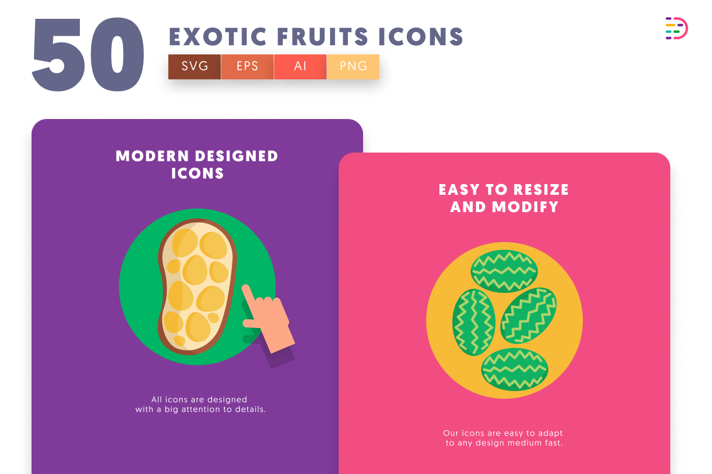 50 Exotic Fruits Icons cover – flat circle icons in PNG, SVG and EPS