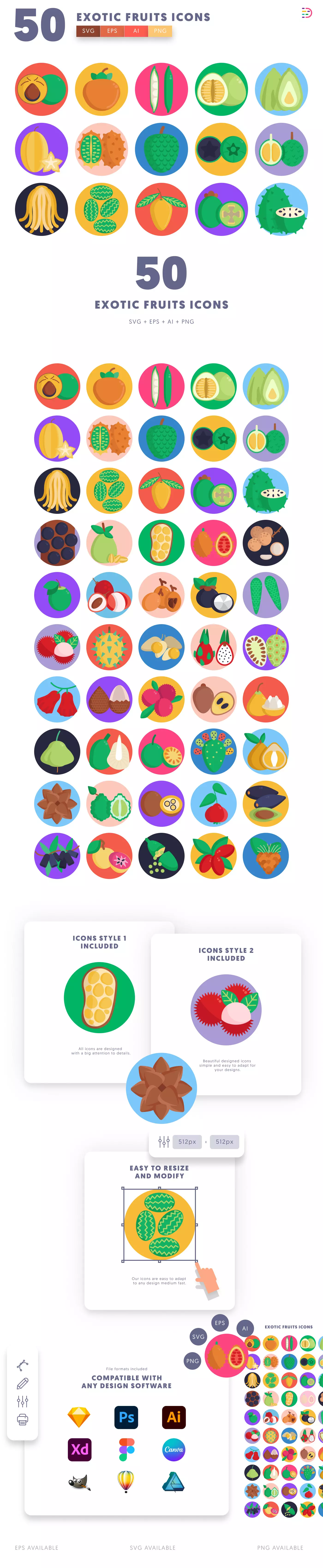 50 Exotic Fruits Icons cover – flat circle icons in PNG, SVG and EPS