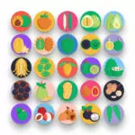 50 Exotic Fruits Icons – set of colorful flat circle icons