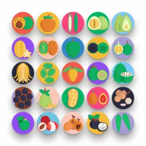 50 Exotic Fruits Icons – set of colorful flat circle icons