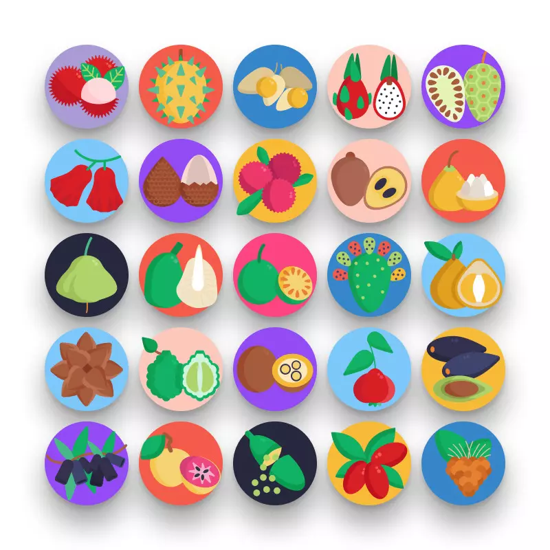 50 Exotic Fruits Icons – set of colorful flat circle icons