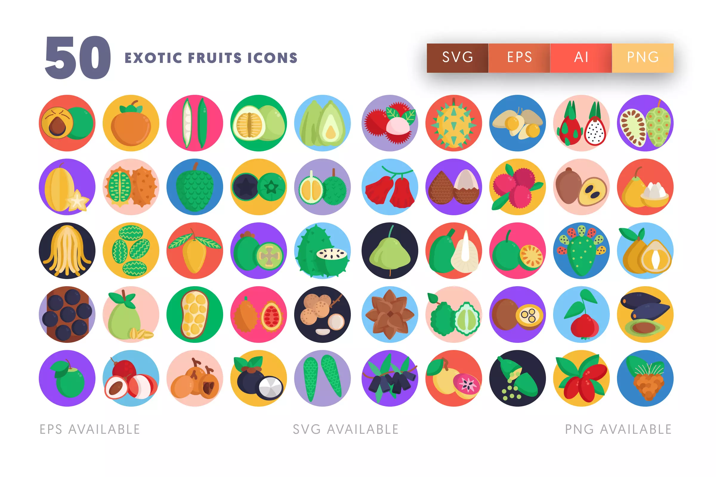 50 Exotic Fruits Icons – flat circle icon set