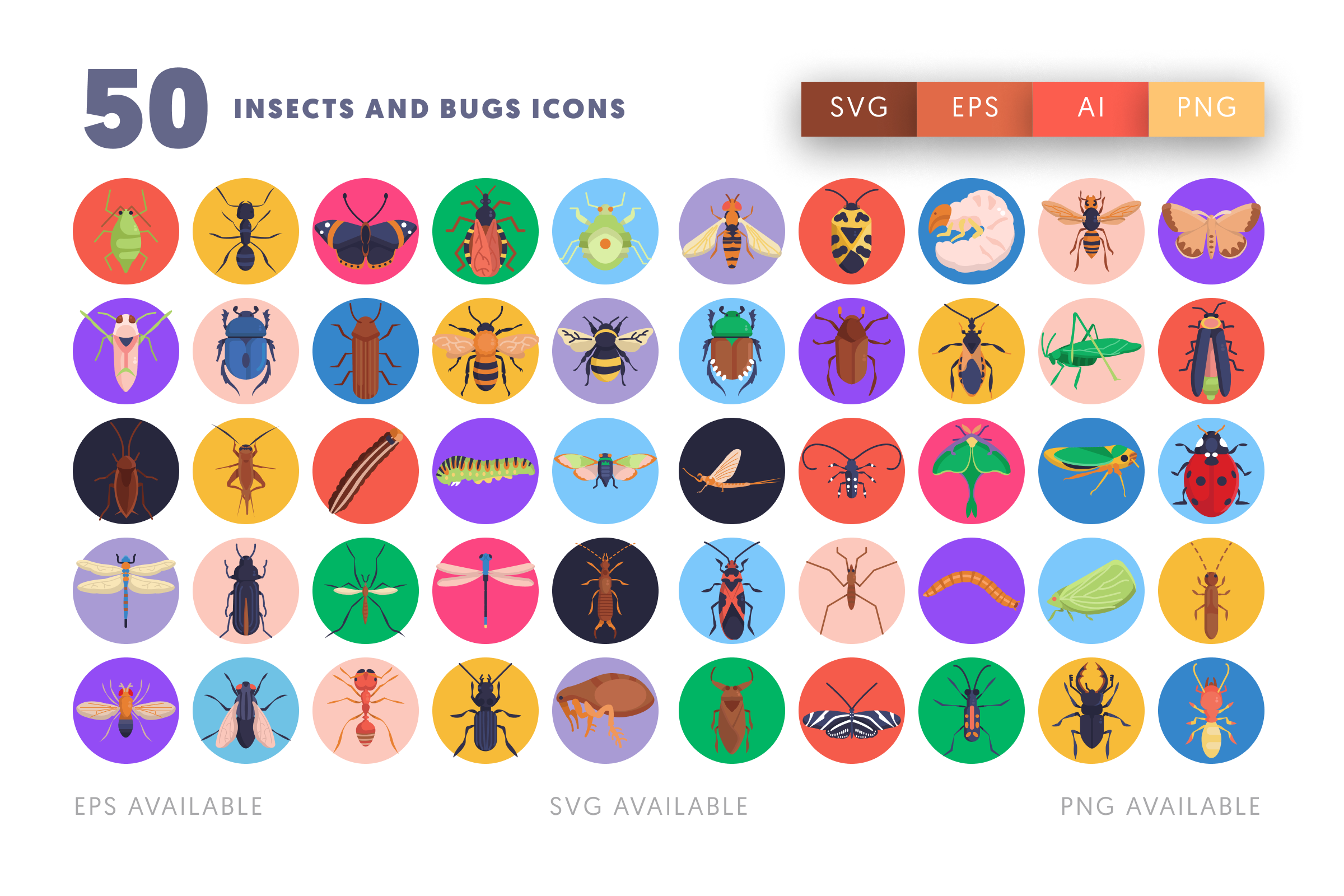 50 Insects and Bugs Icons – flat circle icon set
