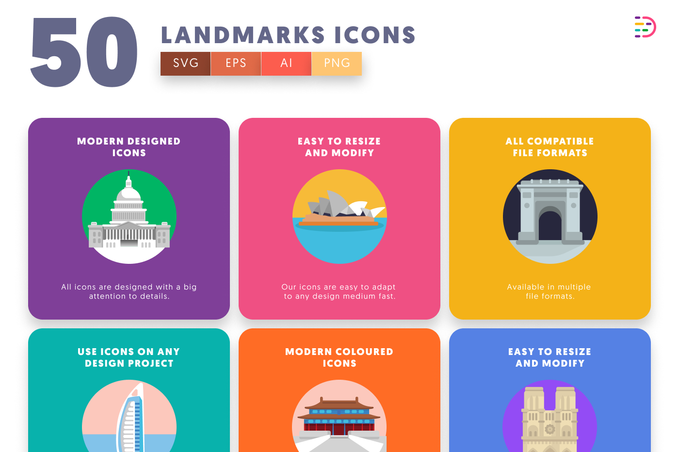 50 Landmarks Icons preview 5 – flat circle icons in PNG, SVG and EPS