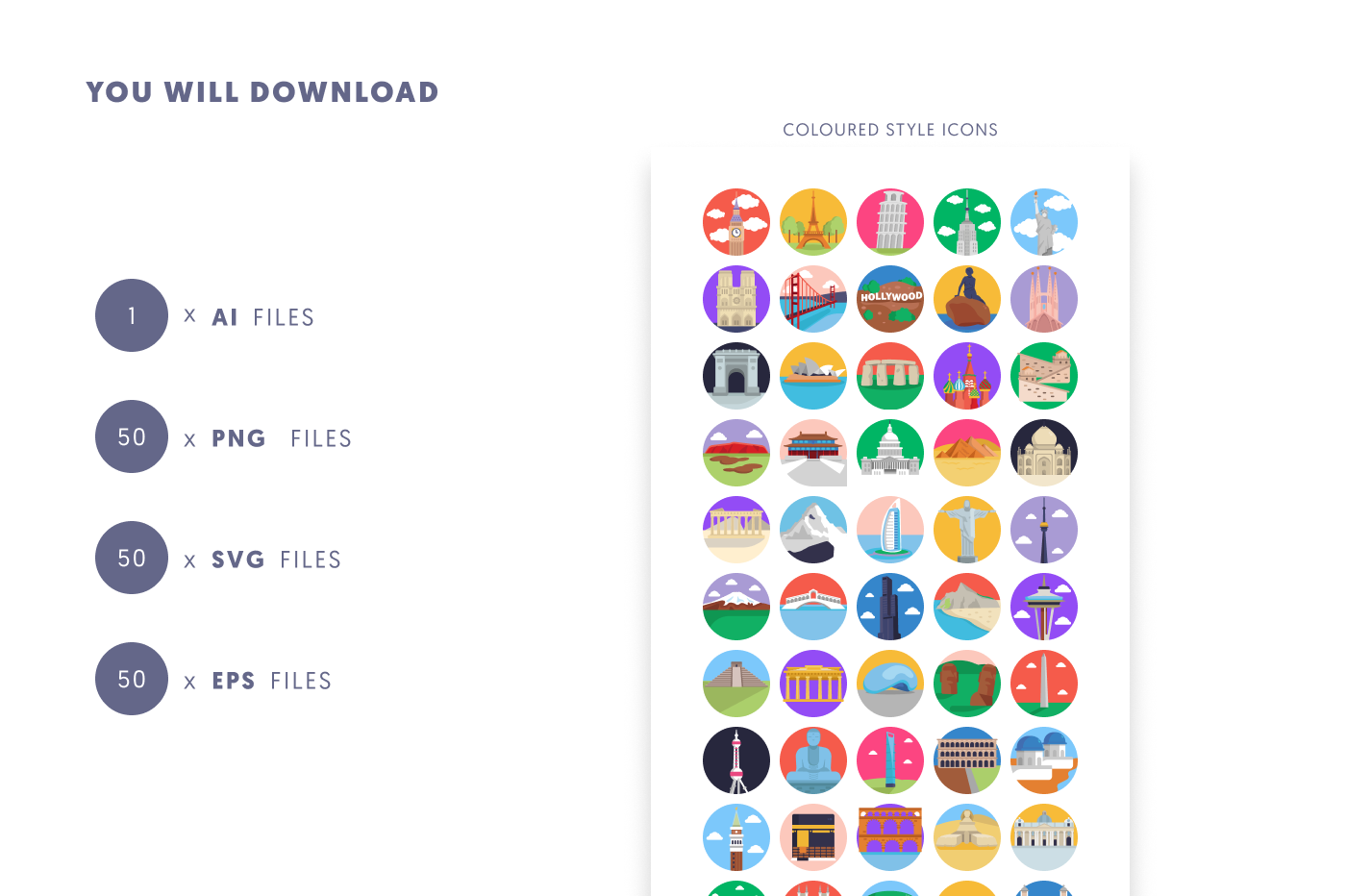 50 Landmarks Icons preview 9 – flat circle icons in PNG, SVG and EPS