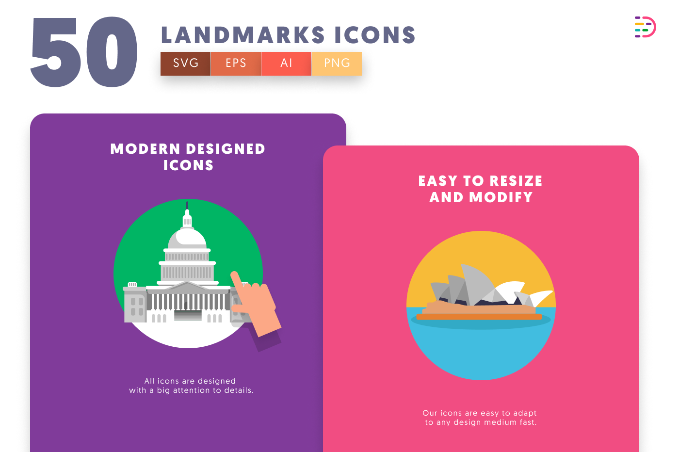 50 Landmarks Icons cover – flat circle icons in PNG, SVG and EPS