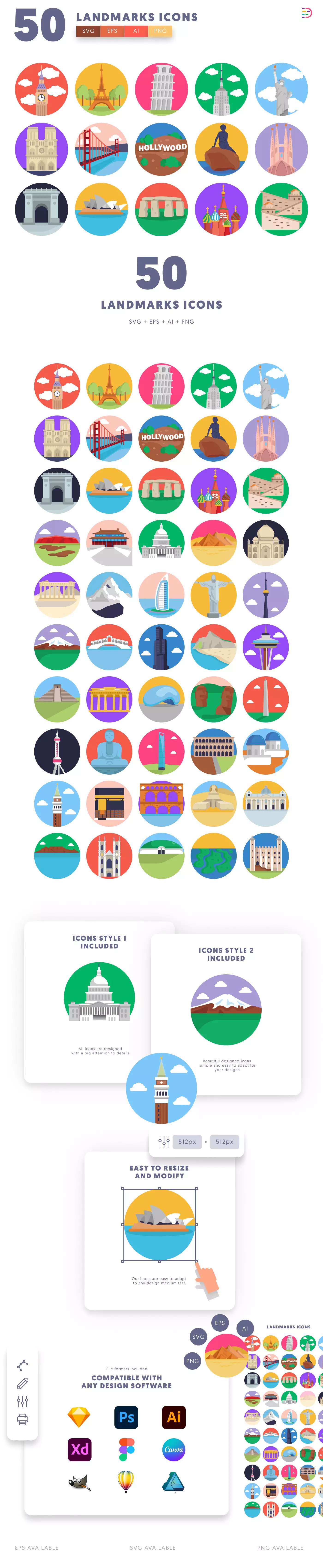 50 Landmarks Icons cover – flat circle icons in PNG, SVG and EPS