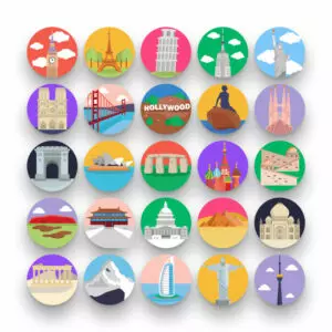 50 Landmarks Icons – set of colorful flat circle icons