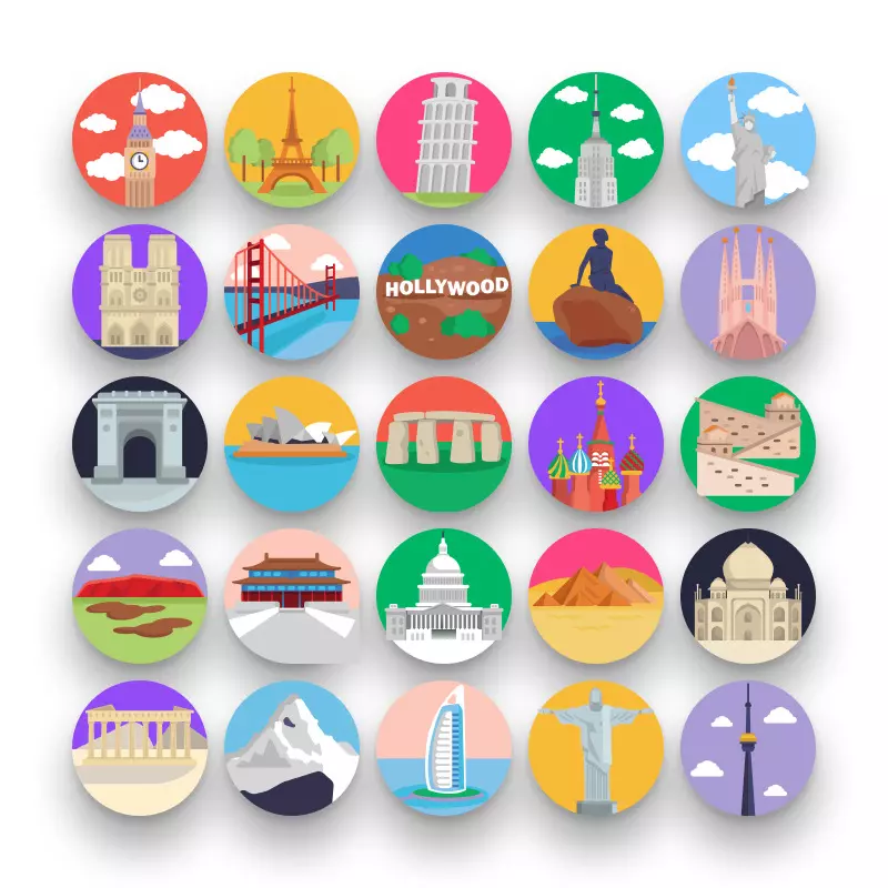 50 Landmarks Icons – set of colorful flat circle icons